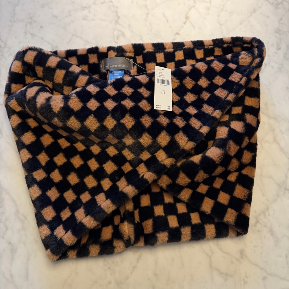 Anthropologie Navy & Tan Checkerboard Faux-Fur Wrap